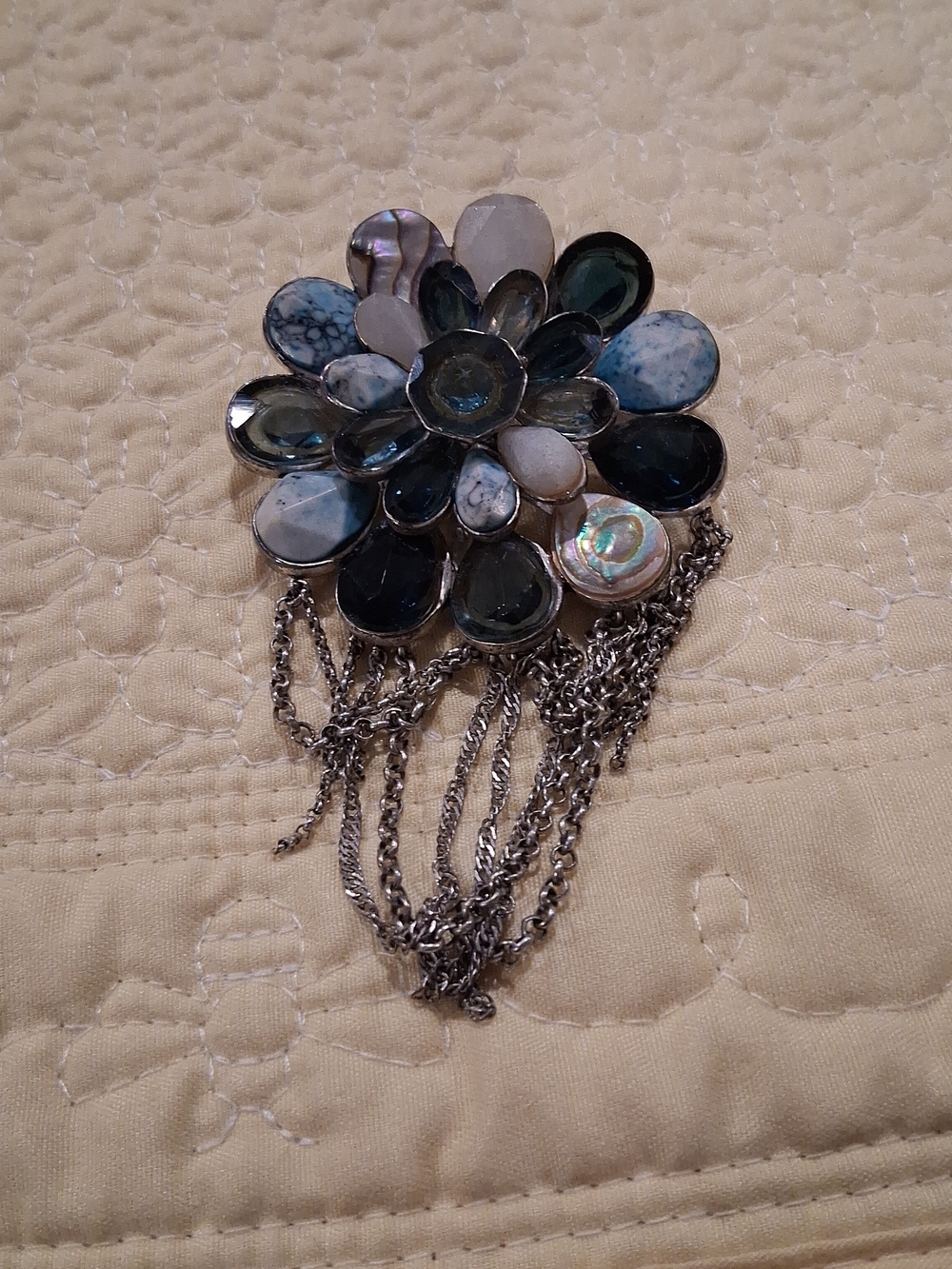 Floral Statement Brooch with Blue and Silver Accents MOP KENNETH COLE